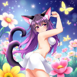 A sexy anime catgirl with vibrant cat ears and a long, fluffy tail, playfully posing in a whimsical, colorful garden filled with oversized flowers and sparkling butterflies