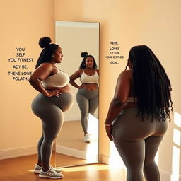 A powerful and motivational scene featuring a plus-sized woman standing in front of a mirror, gazing at her reflection
