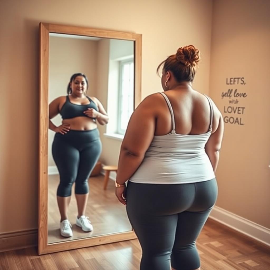 A powerful and motivational scene featuring a plus-sized woman standing in front of a mirror, gazing at her reflection