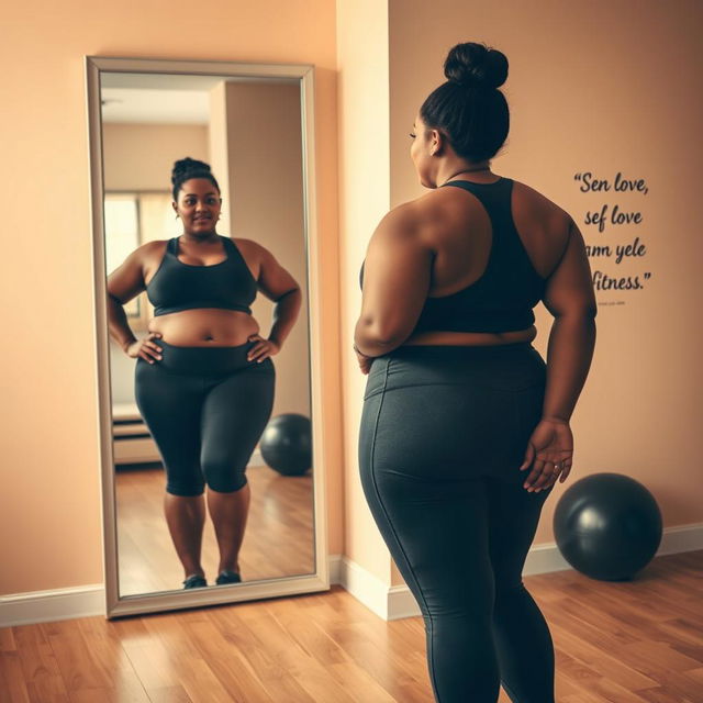 A powerful and motivational scene featuring a plus-sized woman standing in front of a mirror, gazing at her reflection