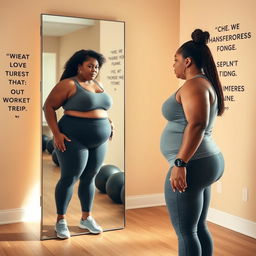 A powerful and motivational scene featuring a plus-sized woman standing in front of a mirror, gazing at her reflection