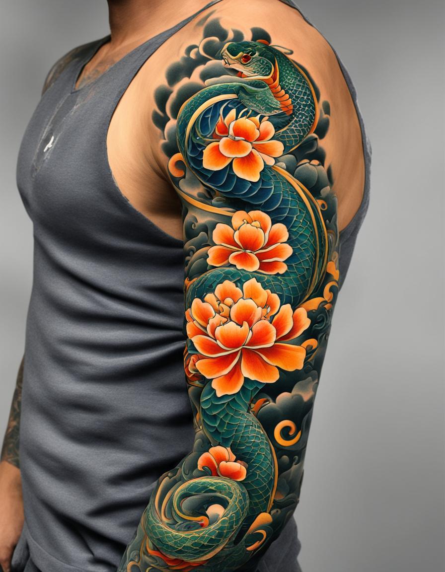 A Japanese tattoo style digital art image featuring a vibrant green and orange serpent coiling around an arm, amidst blooming peony flowers with red petals and yellow centers, set against dark blue wave patterns