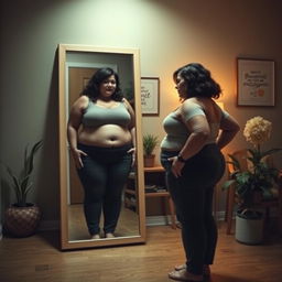 A poignant and empowering scene featuring a plus-sized woman standing in front of a mirror, gazing reflectively at her image