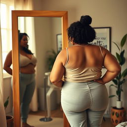 A poignant and empowering scene featuring a plus-sized woman standing in front of a mirror, gazing reflectively at her image