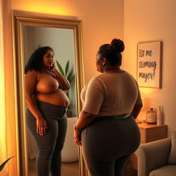 A poignant and empowering scene featuring a plus-sized woman standing in front of a mirror, gazing reflectively at her image