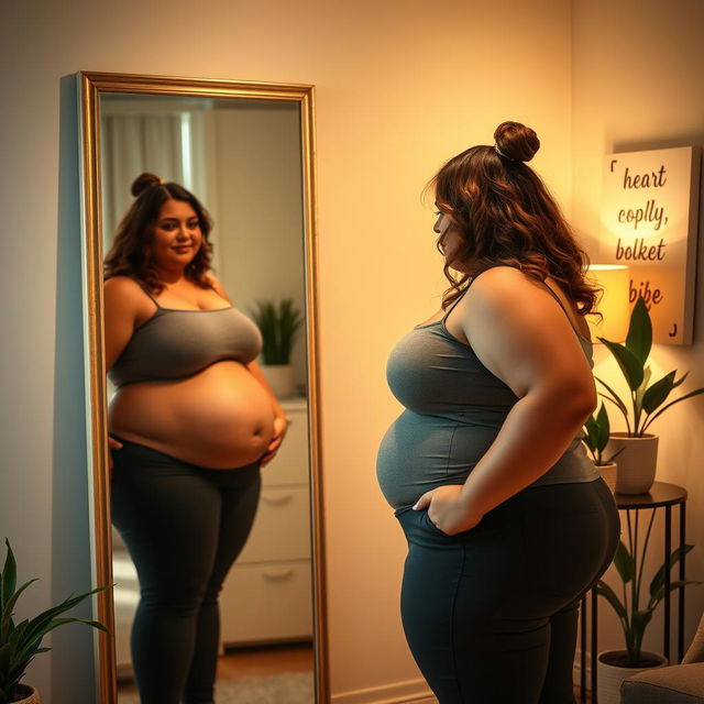 A poignant and empowering scene featuring a plus-sized woman standing in front of a mirror, gazing reflectively at her image