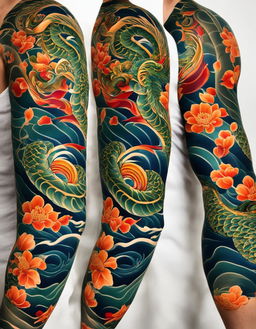 A Japanese tattoo style digital art image featuring a vibrant green and orange serpent coiling around an arm, amidst blooming peony flowers with red petals and yellow centers, set against dark blue wave patterns