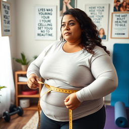 A thoughtful image of a plus-sized woman measuring her waist with a measuring tape