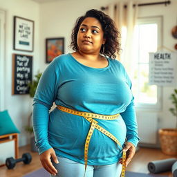 A thoughtful image of a plus-sized woman measuring her waist with a measuring tape