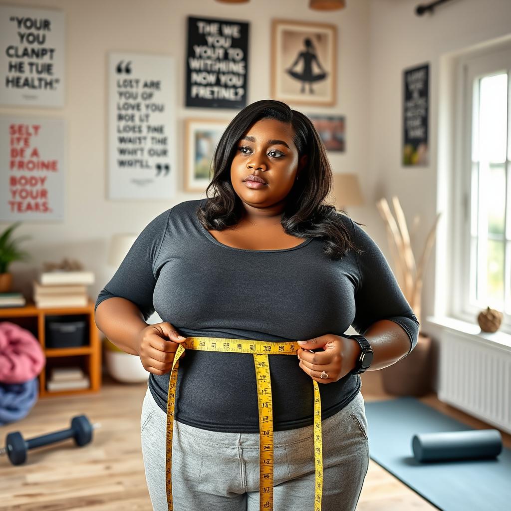 A thoughtful image of a plus-sized woman measuring her waist with a measuring tape