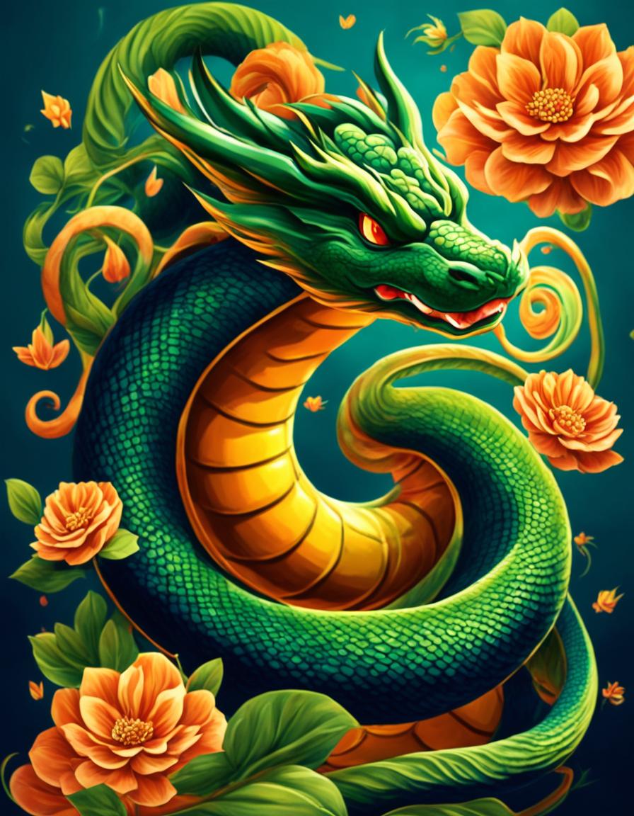 A Dragonball-style digital art image featuring a vibrant green and orange serpent, reminiscent of Shenron, coiling around an arm amidst Senzu bean-inspired flowers with red petals and yellow centers, set against dark blue energy wave patterns