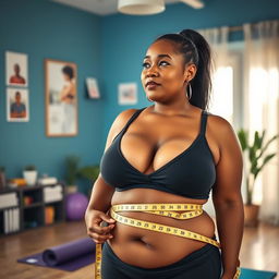 A heartfelt image of a plus-sized woman measuring her waist with a measuring tape