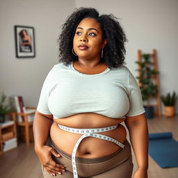 A heartfelt image of a plus-sized woman measuring her waist with a measuring tape