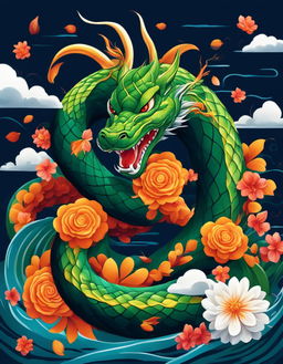 A Dragonball-style digital art image featuring a vibrant green and orange serpent, reminiscent of Shenron, coiling around an arm amidst Senzu bean-inspired flowers with red petals and yellow centers, set against dark blue energy wave patterns