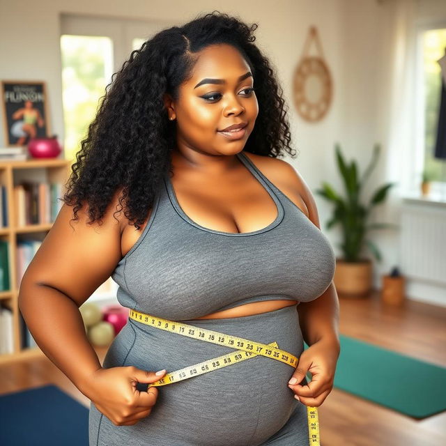 A heartfelt image of a plus-sized woman measuring her waist with a measuring tape