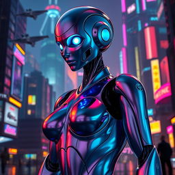 A sleek and futuristic sexy robot with a shiny metallic body, featuring alluring curves and intricate details