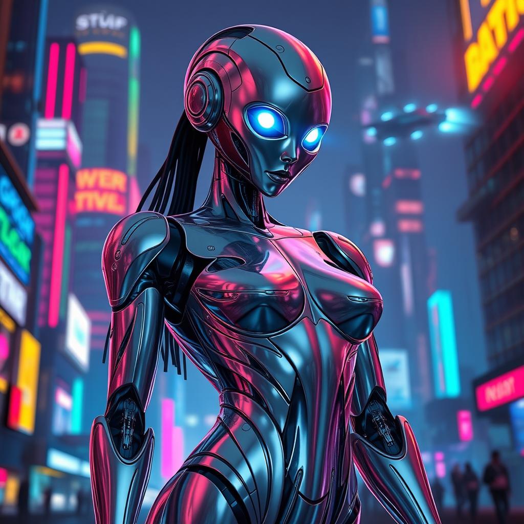 A sleek and futuristic sexy robot with a shiny metallic body, featuring alluring curves and intricate details