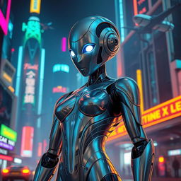 A sleek and futuristic sexy robot with a shiny metallic body, featuring alluring curves and intricate details