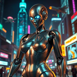 A sleek and futuristic sexy robot with a shiny metallic body, featuring alluring curves and intricate details