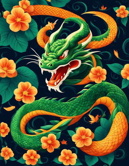 A Dragonball-style digital art image featuring a vibrant green and orange serpent, reminiscent of Shenron, coiling around an arm amidst Senzu bean-inspired flowers with red petals and yellow centers, set against dark blue energy wave patterns