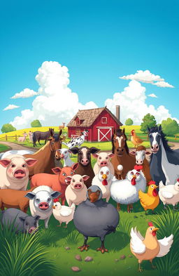 A stylized illustration of a vivid and imaginative barnyard scene inspired by George Orwell's 'Animal Farm'