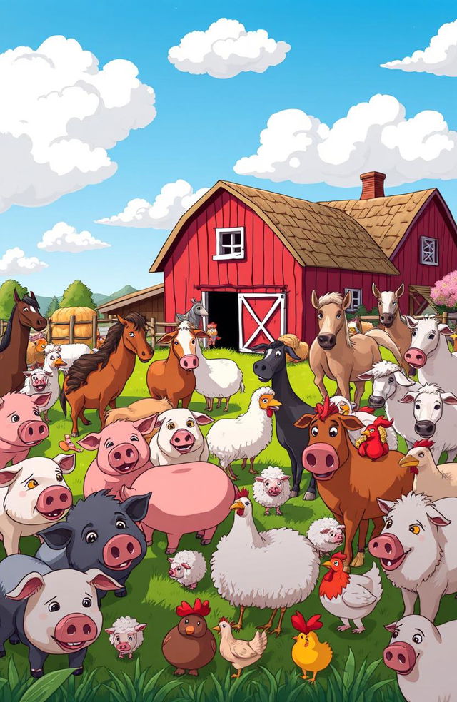 A stylized illustration of a vivid and imaginative barnyard scene inspired by George Orwell's 'Animal Farm'