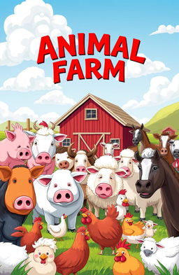 A stylized illustration of a vivid and imaginative barnyard scene inspired by George Orwell's 'Animal Farm'