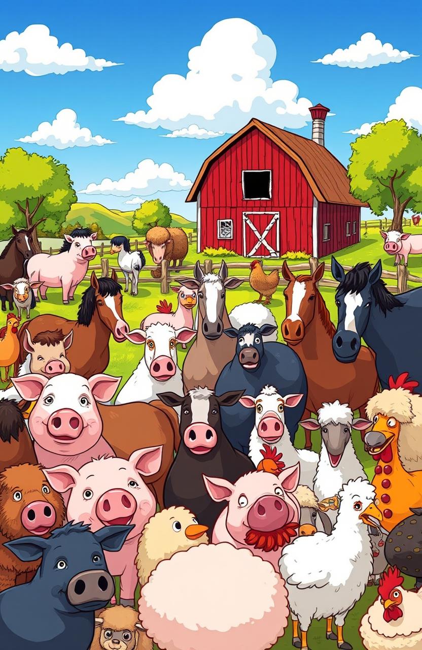 A stylized illustration of a vivid and imaginative barnyard scene inspired by George Orwell's 'Animal Farm'