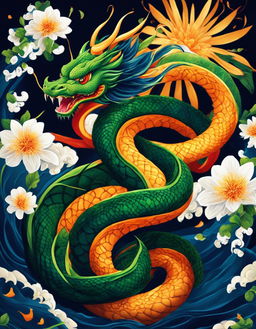 A Dragonball-style digital art image featuring a vibrant green and orange serpent, reminiscent of Shenron, coiling around an arm amidst Senzu bean-inspired flowers with red petals and yellow centers, set against dark blue energy wave patterns