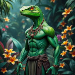 A stunning humanoid lizard character with vibrant green scales and intricate patterns, standing confidently in a dynamic pose