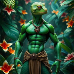 A stunning humanoid lizard character with vibrant green scales and intricate patterns, standing confidently in a dynamic pose