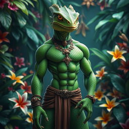A stunning humanoid lizard character with vibrant green scales and intricate patterns, standing confidently in a dynamic pose