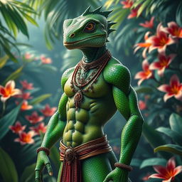 A stunning humanoid lizard character with vibrant green scales and intricate patterns, standing confidently in a dynamic pose