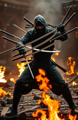 A high-energy action scene featuring a fierce ninja wielding seven katana swords, poised for battle against a dramatic backdrop of flames and smoke