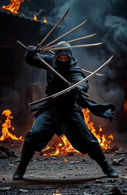 A high-energy action scene featuring a fierce ninja wielding seven katana swords, poised for battle against a dramatic backdrop of flames and smoke