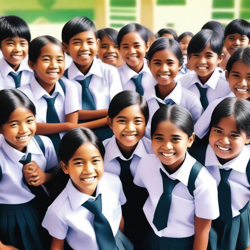 A vibrant digital art image showcasing Indonesian school students in their distinct uniforms, in a typical school setting