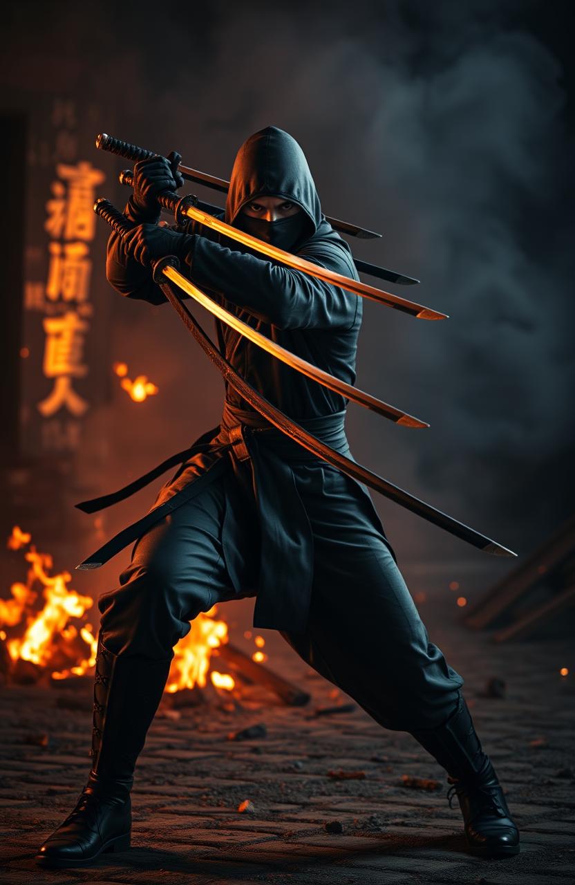 A high-energy action scene featuring a fierce ninja wielding seven katana swords, poised for battle against a dramatic backdrop of flames and smoke