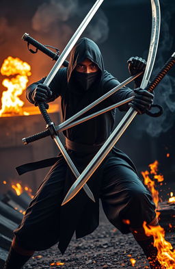 A high-energy action scene featuring a fierce ninja wielding seven katana swords, poised for battle against a dramatic backdrop of flames and smoke