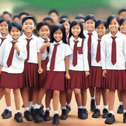 A vibrant digital art image showcasing Indonesian school students in their distinct uniforms, in a typical school setting