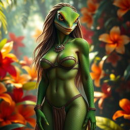 A sexy female lizard humanoid with vibrant green scales and bright yellow eyes, wearing a form-fitting, exotic tribal outfit
