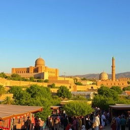 An expansive view of the picturesque landscape in Bukhara, Uzbekistan, showcasing its famous architectural marvels such as the Ark Fortress and the Bolo Haouz Mosque, all bathed in the golden hues of sunset