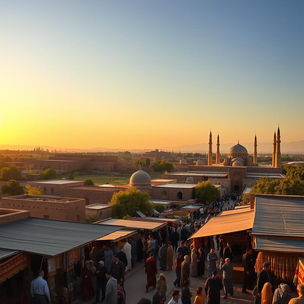 An expansive view of the picturesque landscape in Bukhara, Uzbekistan, showcasing its famous architectural marvels such as the Ark Fortress and the Bolo Haouz Mosque, all bathed in the golden hues of sunset