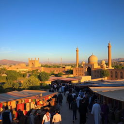 An expansive view of the picturesque landscape in Bukhara, Uzbekistan, showcasing its famous architectural marvels such as the Ark Fortress and the Bolo Haouz Mosque, all bathed in the golden hues of sunset