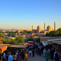An expansive view of the picturesque landscape in Bukhara, Uzbekistan, showcasing its famous architectural marvels such as the Ark Fortress and the Bolo Haouz Mosque, all bathed in the golden hues of sunset