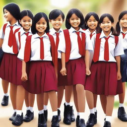 A vibrant digital art image showcasing Indonesian school students in their distinct uniforms, in a typical school setting