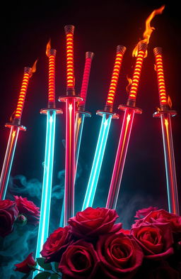 A thrilling image featuring seven vibrant katana swords arranged artistically, each with a unique design, glowing as if on fire against a dark, mysterious background
