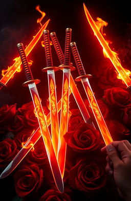 A thrilling image featuring seven vibrant katana swords arranged artistically, each with a unique design, glowing as if on fire against a dark, mysterious background