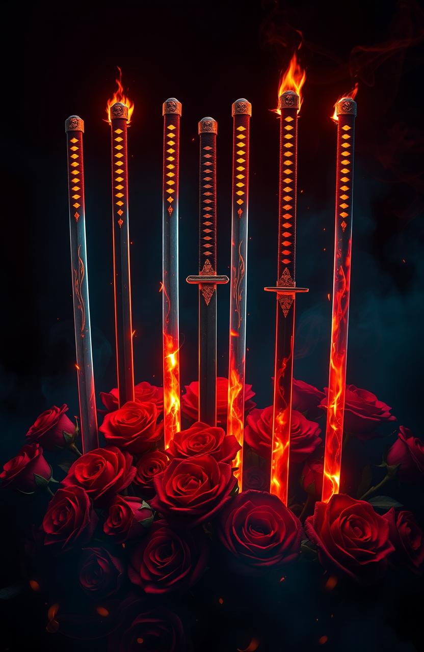 A thrilling image featuring seven vibrant katana swords arranged artistically, each with a unique design, glowing as if on fire against a dark, mysterious background