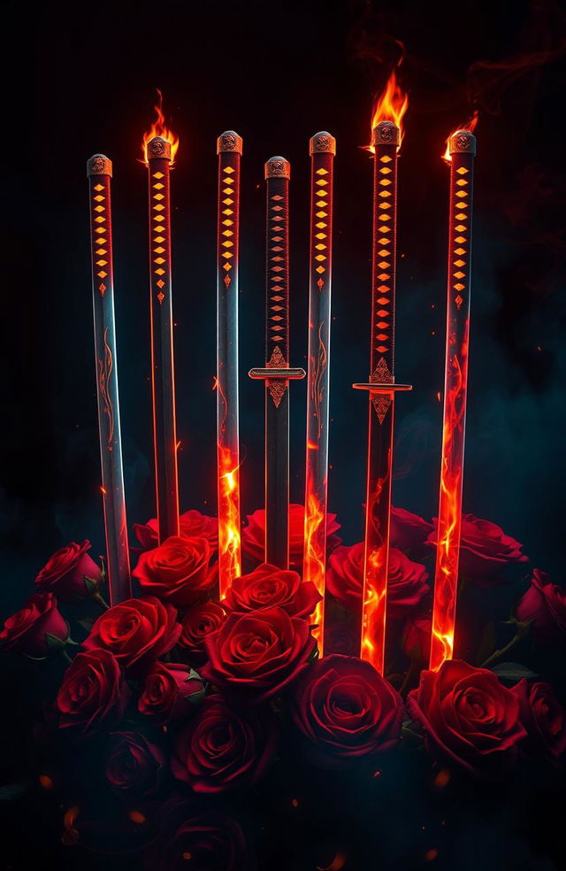 A thrilling image featuring seven vibrant katana swords arranged artistically, each with a unique design, glowing as if on fire against a dark, mysterious background