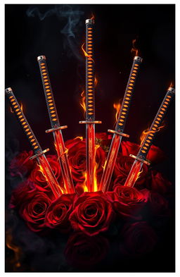 A thrilling image featuring seven vibrant katana swords arranged artistically, each with a unique design, glowing as if on fire against a dark, mysterious background